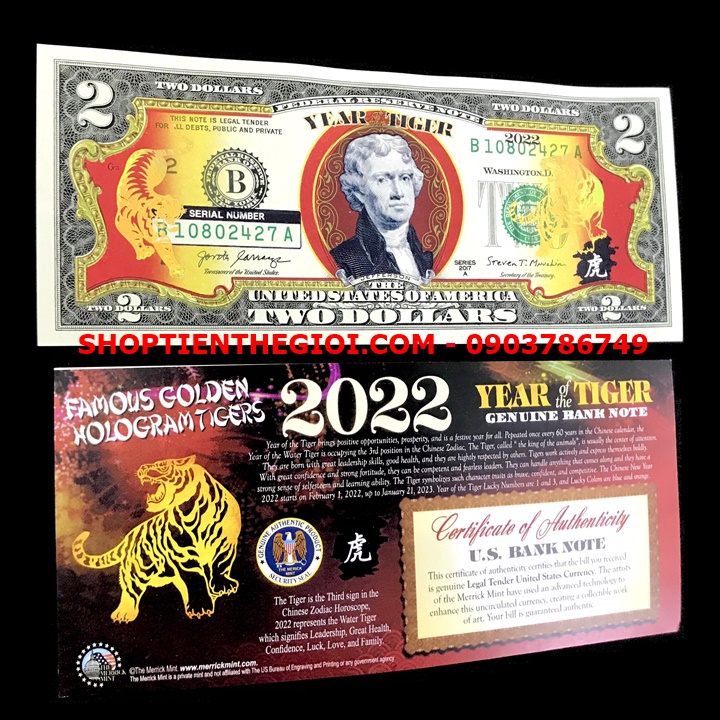 Tiền 2 USD Hình Con Cọp Mạ Vàng 2022 - SP005372